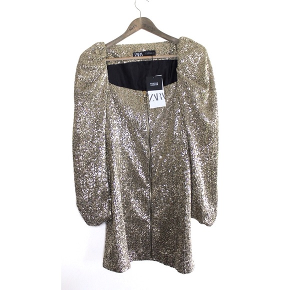 Zara NWT Bloggers Favorite Golden Sequin Puff Sleeve Zipped Party Shimmer Dress - Picture 8 of 16